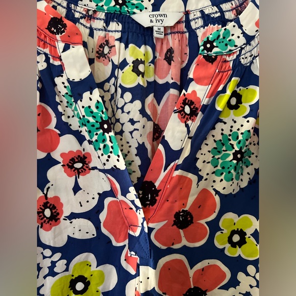 Crown & Ivy Floral Peasant Blouse Blue Coral Long Sleeve Top size M Medium - Picture 6 of 6